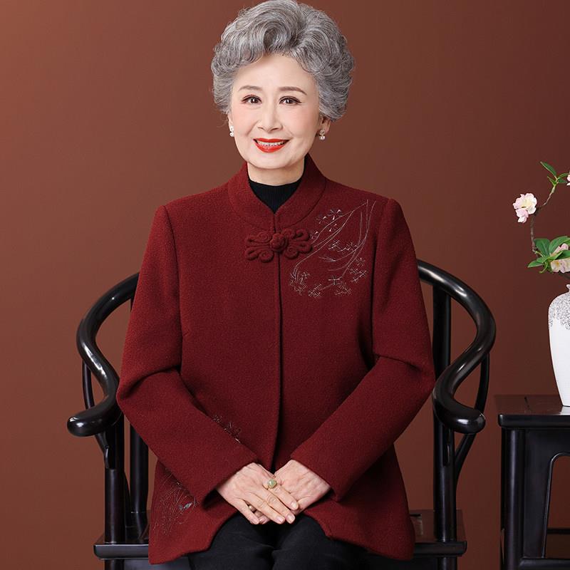 老年人冬装女毛呢加绒外套奶奶婚宴礼服妈妈秋冬太太老人过年衣服