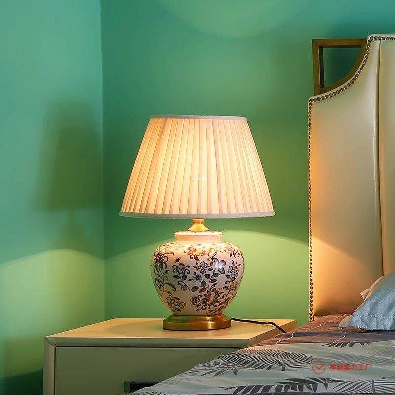 现代中式充电款台灯卧室床头灯装饰客厅书房美式复古彩花陶瓷台灯