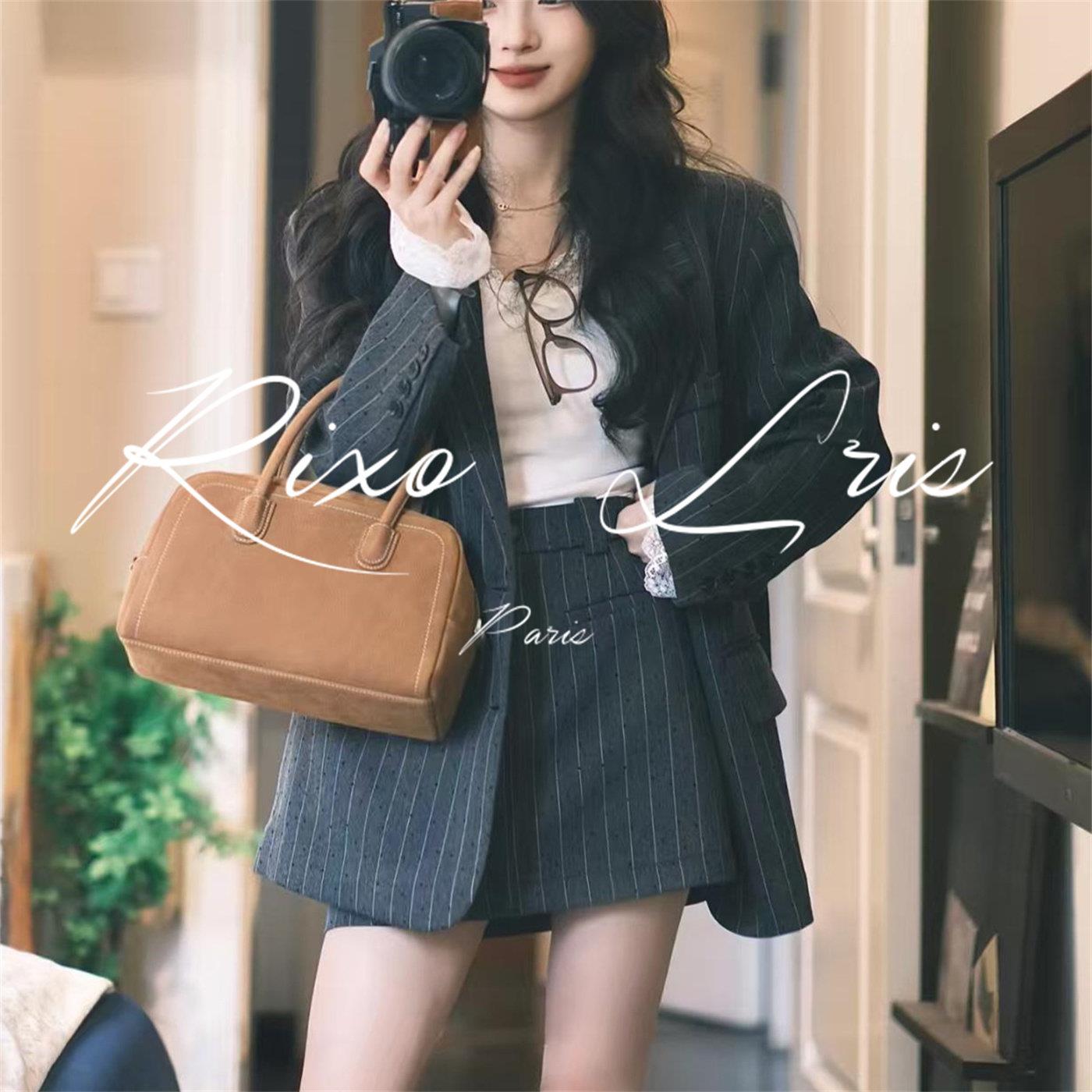 RIXO LRIS法式高级灰条纹西装外套女套装秋季休闲a字半身裙两件套