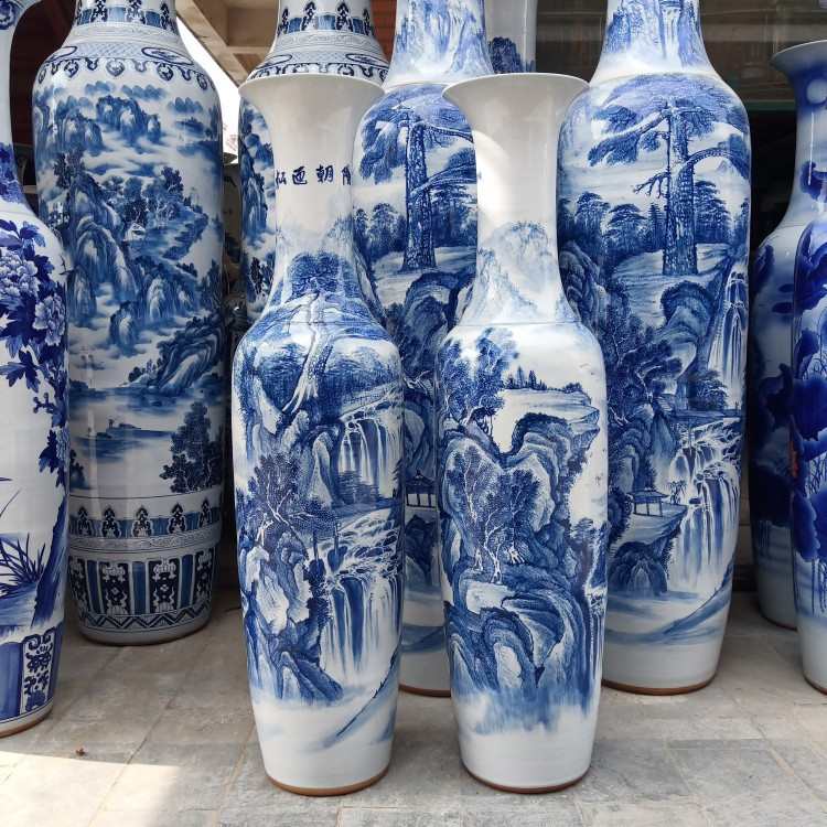 手绘青花松迎 山水画落地大花瓶开业庆典礼品大摆件景德镇陶瓷