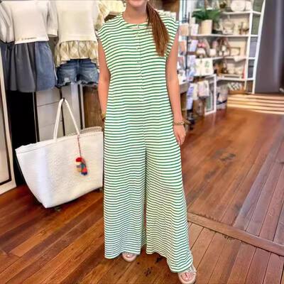 Womens Casual Striped Jumpsuits Summer Cap Sleeve Wide Leg