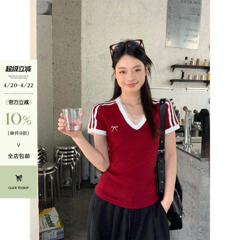 宋正恩红色v领短袖t恤女夏季正肩修身短款辣妹显瘦韩系chic小上衣