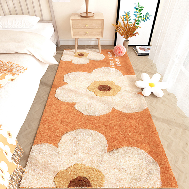卧室地毯床边毯儿童客厅沙发床前床尾奶油风橙色免打理地垫厚夏长