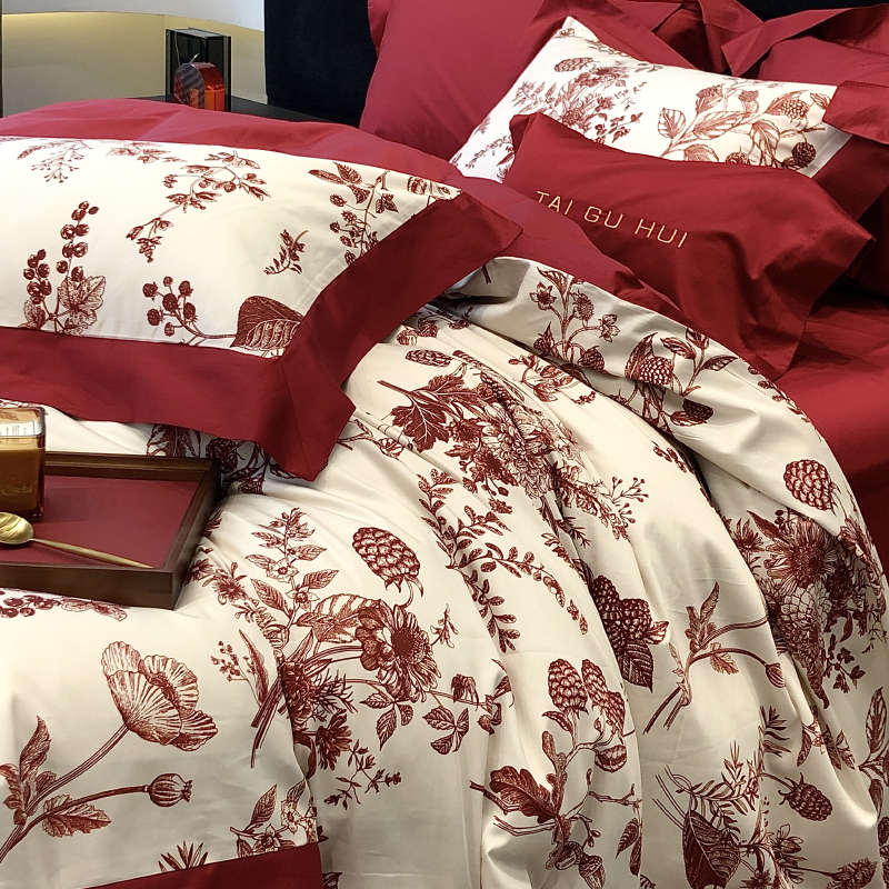 简约风婚庆100S高支长绒棉四件套数码印花全棉被套床单床上用品