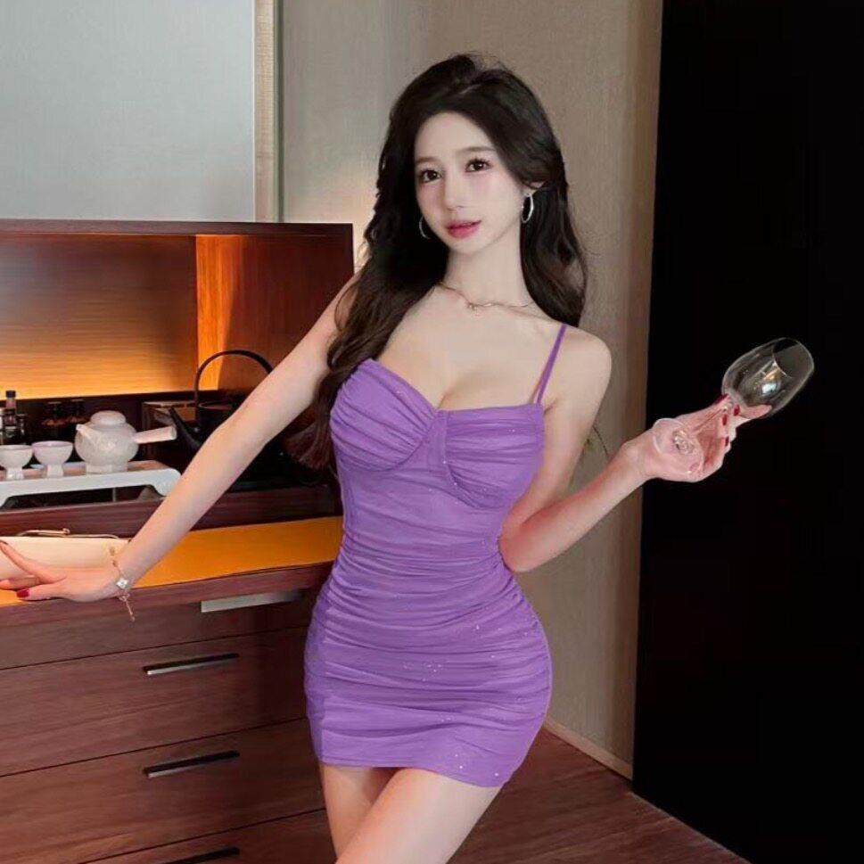 抹胸网纱吊带连衣裙自带胸垫辣妹性感气质显瘦褶皱紧身包臀短裙女