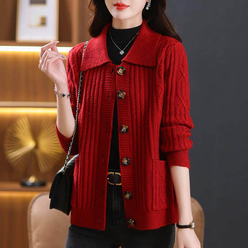 大码女装羊毛衫针织开衫女春装高级感胖mm宽松翻领毛衣外套女上衣