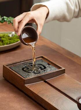 黑檀木茶盘家用长方形乌金石储水排水式茶托鸡翅小干泡茶台茶盘