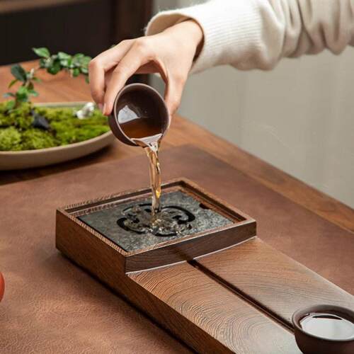 黑檀木茶盘家用长方形乌金石储水排水式茶托鸡翅小干泡茶台茶盘