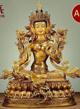 藏村全鎏金《绿度母》精工铜雕室内家用《绿多罗观音》铜佛像摆件