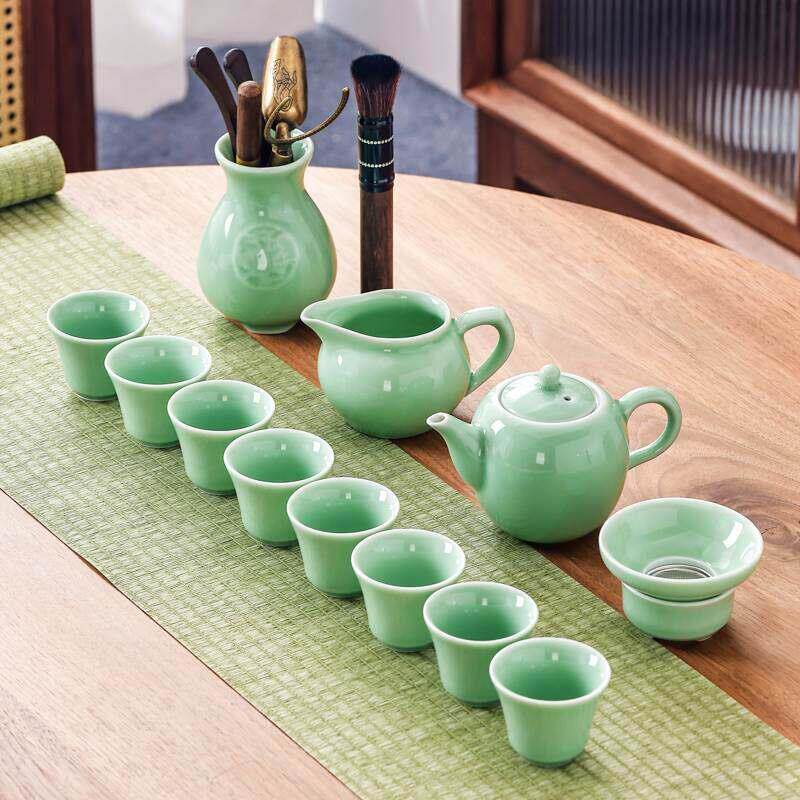 青瓷功夫茶具套装家用办公茶艺陶瓷整套茶壶盖碗茶道杯垫茶洗过滤