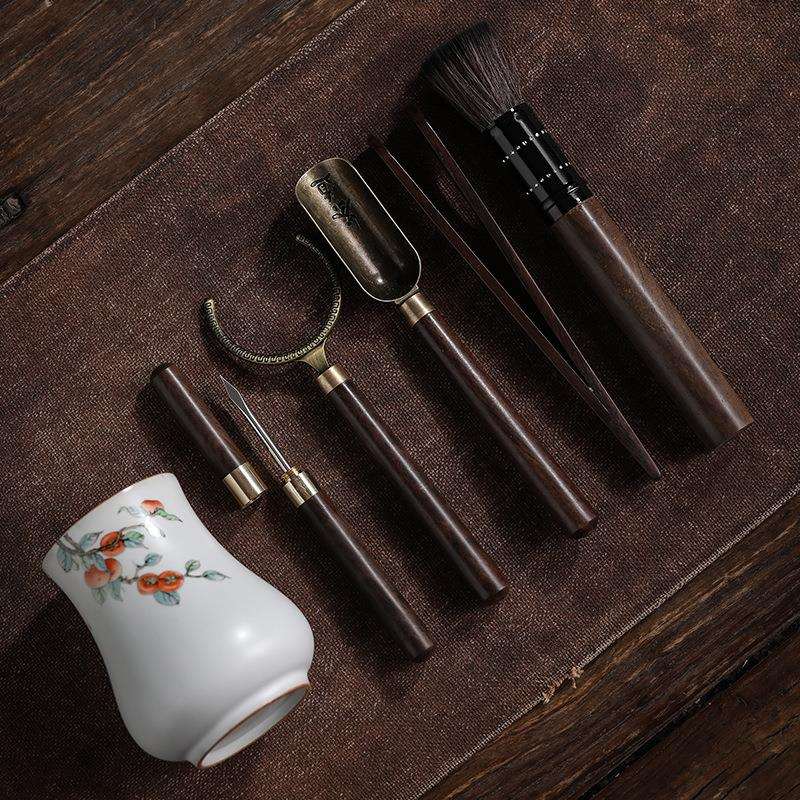 茶具配件功夫六君子套装创意汝窑彩绘精品黑檀木茶道茶夹茶勺笔刷