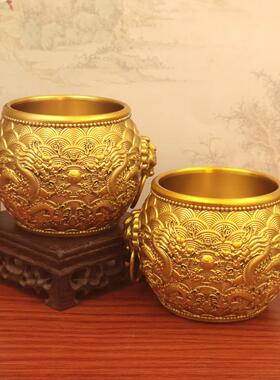 黄铜浮雕二龙戏珠铜缸摆件家居玄关招财纳福狮头龙纹缸摆件