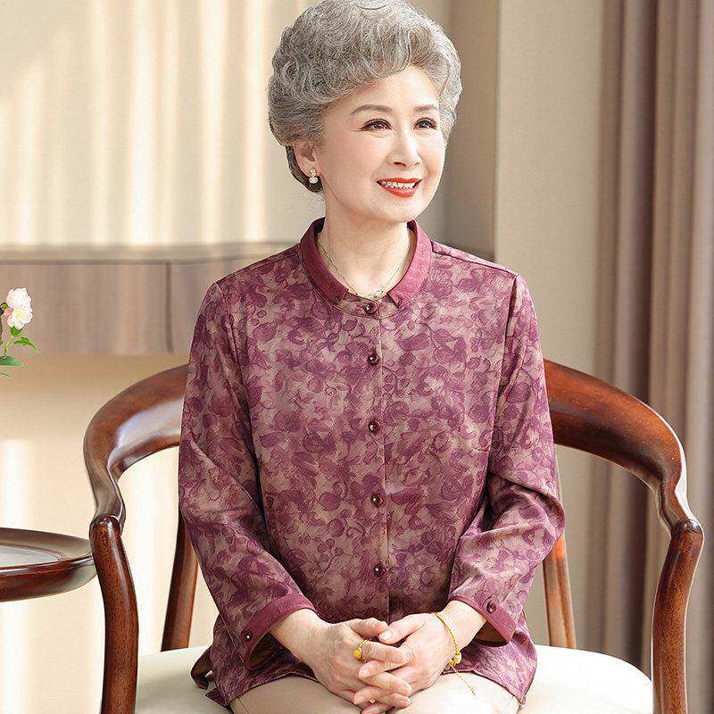 时尚中老年人衬衫女长袖夏装桑蚕丝100%套装奶奶国风真丝上衣开衫