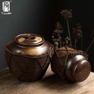 陶瓷复古超大茶罐大号家用密封罐 精品陶迷手编麻绳茶叶罐创意个性