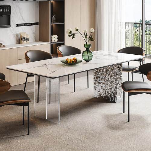 意式极简长方形岩板餐桌轻奢现代水波纹不锈钢压克力悬浮吃饭桌子