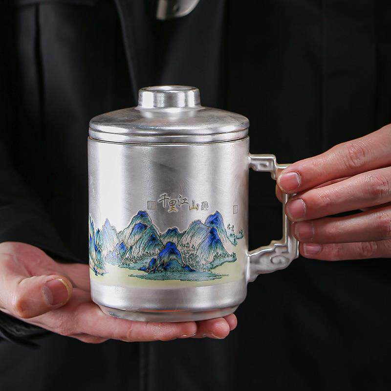 轻奢鎏银杯子高档送礼泡茶办公杯大号个人专用茶水分离杯过滤一体