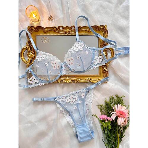 Screen perspective gather underwear set甜美印花刺绣网纱内衣