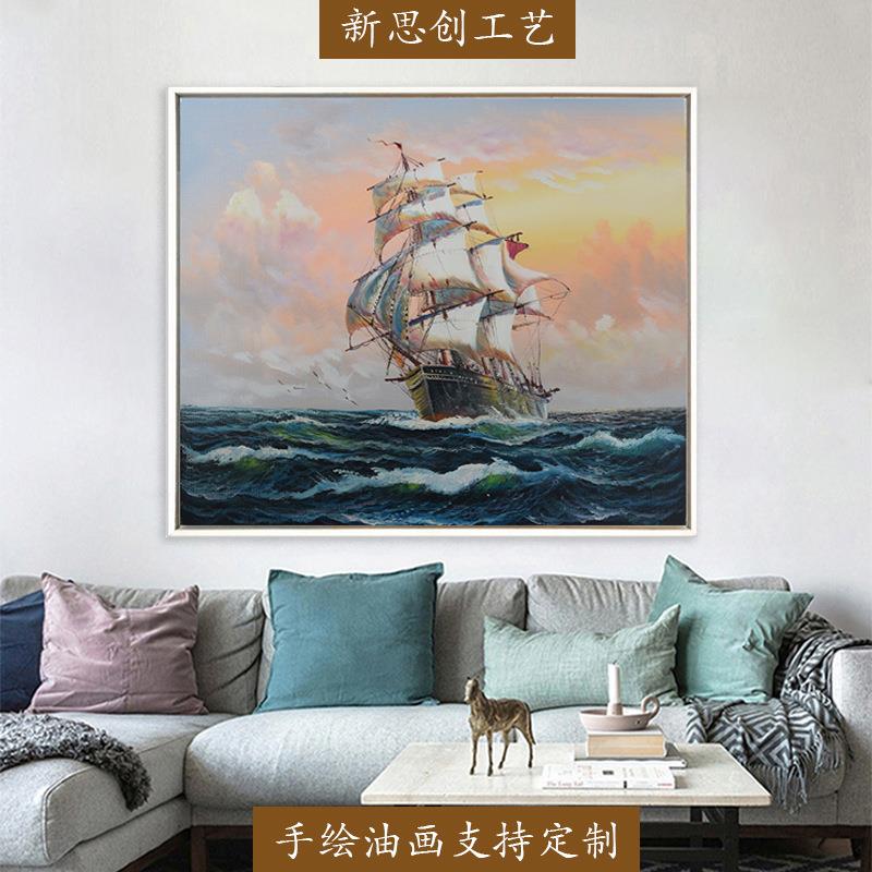 油画现货地中海纯手绘装饰画带框酒店海景风景帆船挂画厂家直销