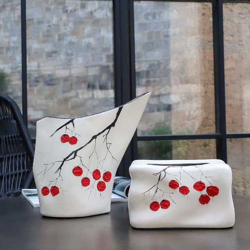 现代简约陶瓷花瓶手绘山楂客厅摆件软装饰品插花器餐厅抽纸盒