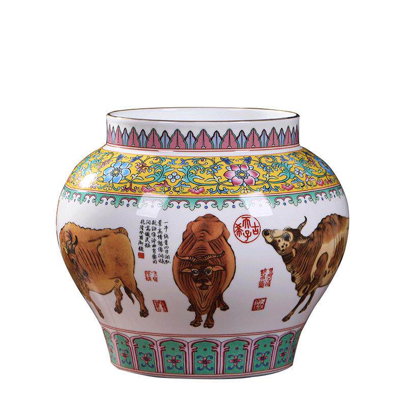 中式仿古五牛图陶瓷大缸景德镇粉彩瓷器工艺摆件礼品