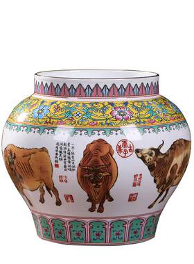 中式仿古五牛图陶瓷大缸景德镇粉彩瓷器工艺摆件礼品