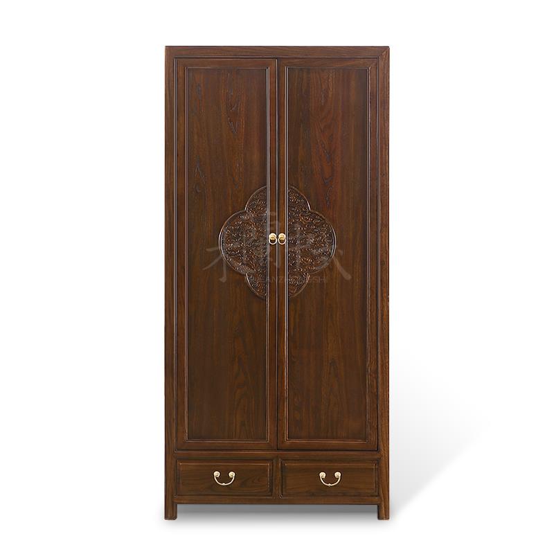 高档新中卧式物古典衣柜榆木雕花家用室实木宿挂衣橱收纳储柜定民