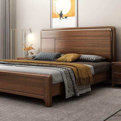 现代中式胡桃木床简约实木床1.5m1.8米单双人床主卧高箱储物婚床