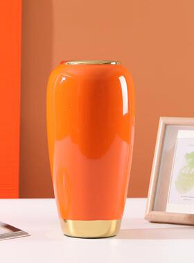 新中式轻奢风格电镀金边石榴红果插花橙色墨绿陶瓷大花瓶家居摆件