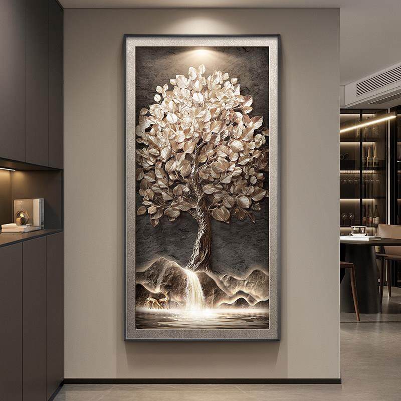 发财树高端玄关装饰画轻奢高级感走廊过道挂画竖版大气入户门壁画