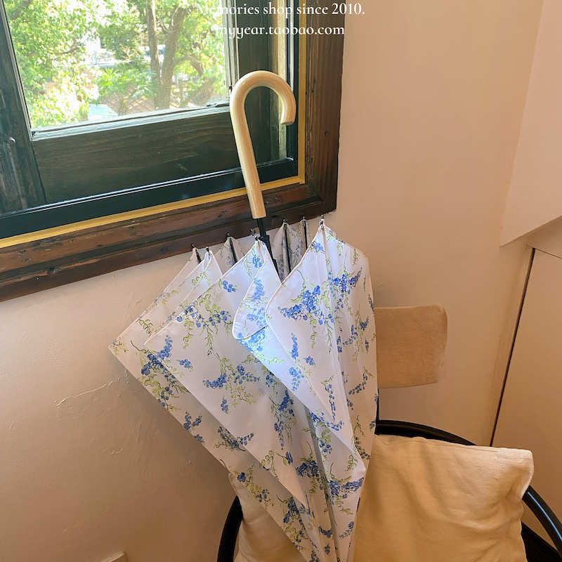 紫色鼠尾草气质温柔文艺木色手柄弯钩雨伞防雨小清新直柄伞长柄伞