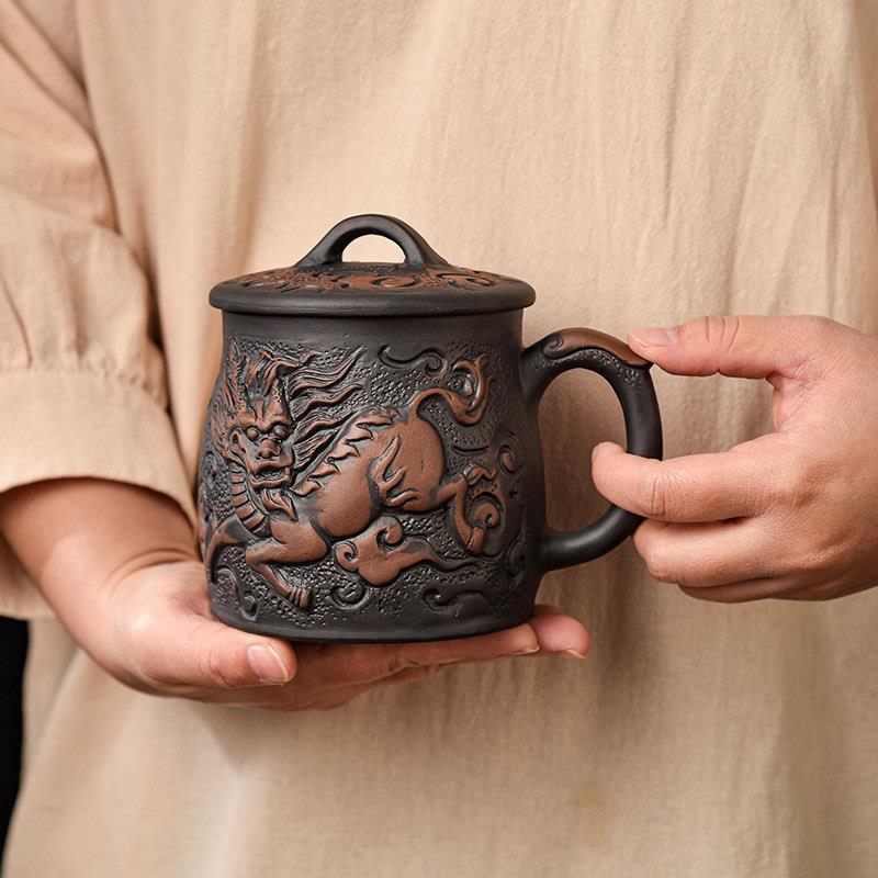 大号容量中式紫砂杯家用陶瓷朱泥盖杯龙马年鱼杯茶杯办公水杯带盖
