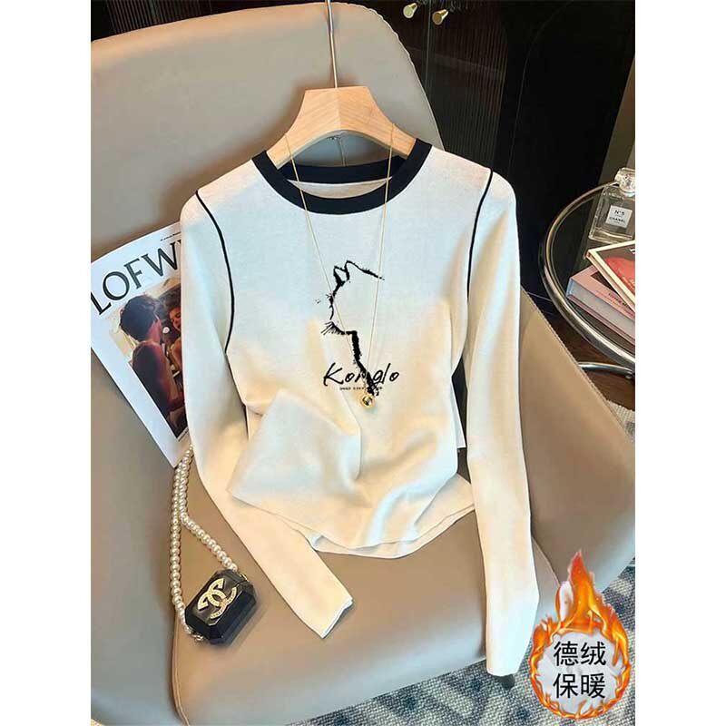 韩国设计感肩线拼色长袖T恤女装加厚款白色德绒打底衫上衣秋冬季