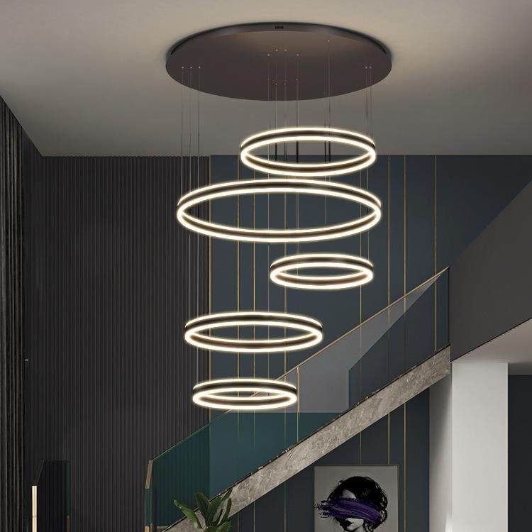 客厅吊灯现代简约轻奢复式楼梯别墅中空跃层大灯loft圆环北欧灯具