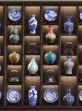 新中式酒店茶室博古架置物架茶柜装饰摆饰彷古青花瓷花瓶茶壶茶具