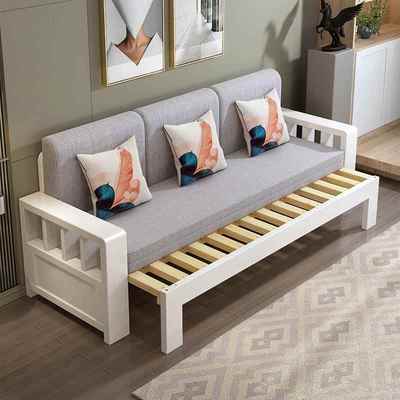 实木沙床可18307折叠人单厅坐卧床伸缩多客功能推拉沙发床两用发