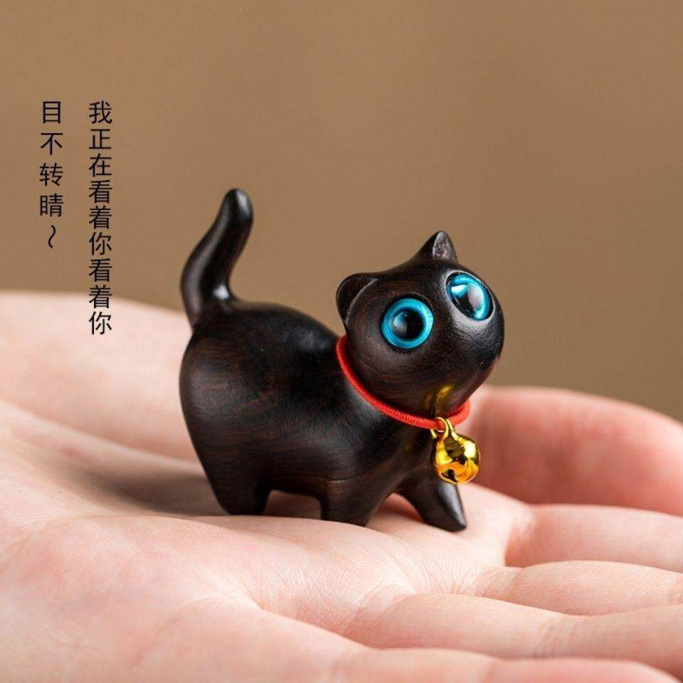 绿檀小猫摆件可爱河马迷你木质猫咪文玩手把件生日小礼物礼品木雕