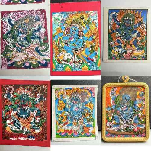 纯手绘矿砂大黑天六臂玛哈嘎拉矿物颜料卡心画芯唐卡黒六臂