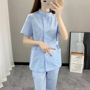 夏季 女蓝色口腔牙科药店薄款 立领小个子工作服 短袖 护士服分体套装