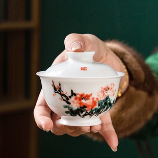 春暖花开写意盖碗国家级大师刘培竹手绘主人杯陶瓷杯功夫茶具家用