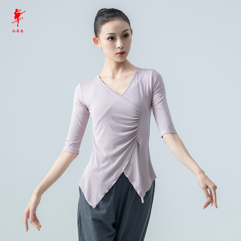 红舞鞋舞蹈服女成人现代舞练功服莫代七分袖春夏跳舞形体服35760