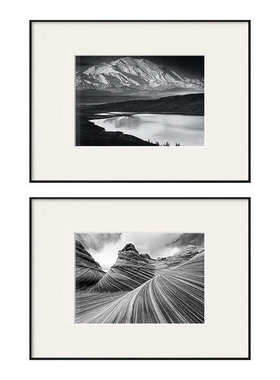 安塞尔亚当斯黑白风景摄影装饰画背景墙壁画书房餐厅卡纸组合挂画