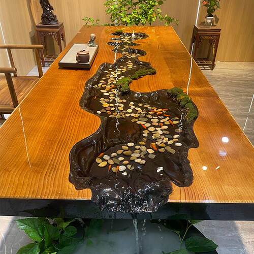 茶桌新中式循环流水茶台实木大板景观一体禅意养鱼功夫茶桌椅组合