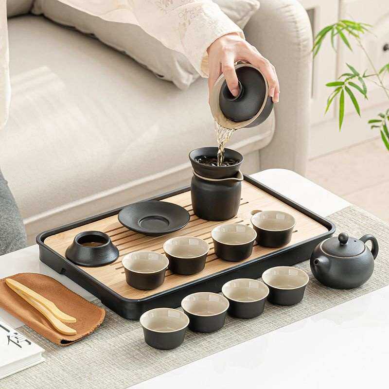 黑陶功夫茶具套装家用办公室茶壶茶杯简约盖碗茶叶罐茶盘整套批发