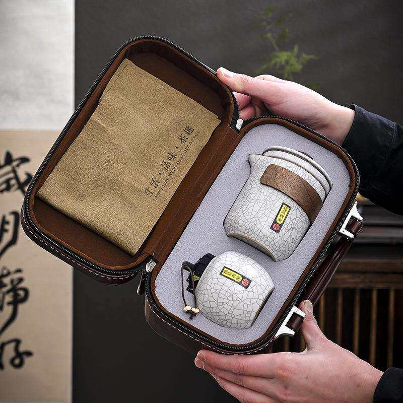 哥窑快客杯户外随身泡茶器开片陶瓷一壶三杯便携旅行茶具套装汝窑
