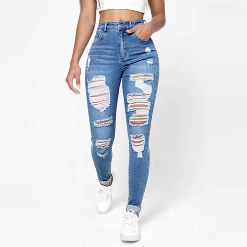 Women Stretch Waist Skinny Jeans Ripped Button Fly Y2K