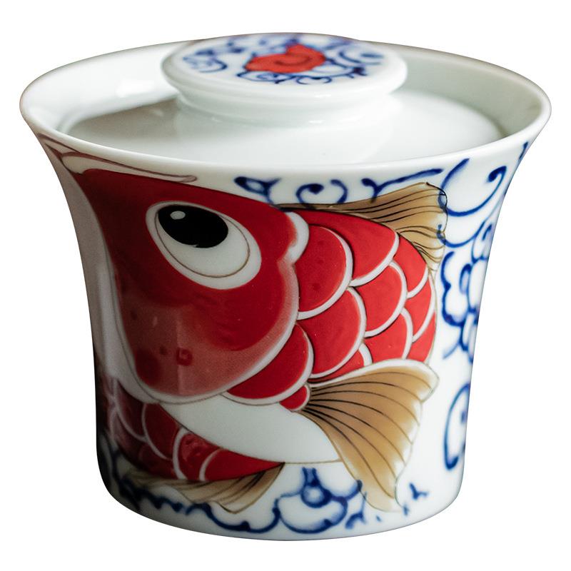 中式龙鱼马蹄三才盖碗纳福祥龙陶瓷家用泡茶碗防烫手功夫茶具茶杯图片