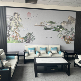 无缝独绣刺绣山水，现代中式山水客厅电视沙发，背景壁布壁画