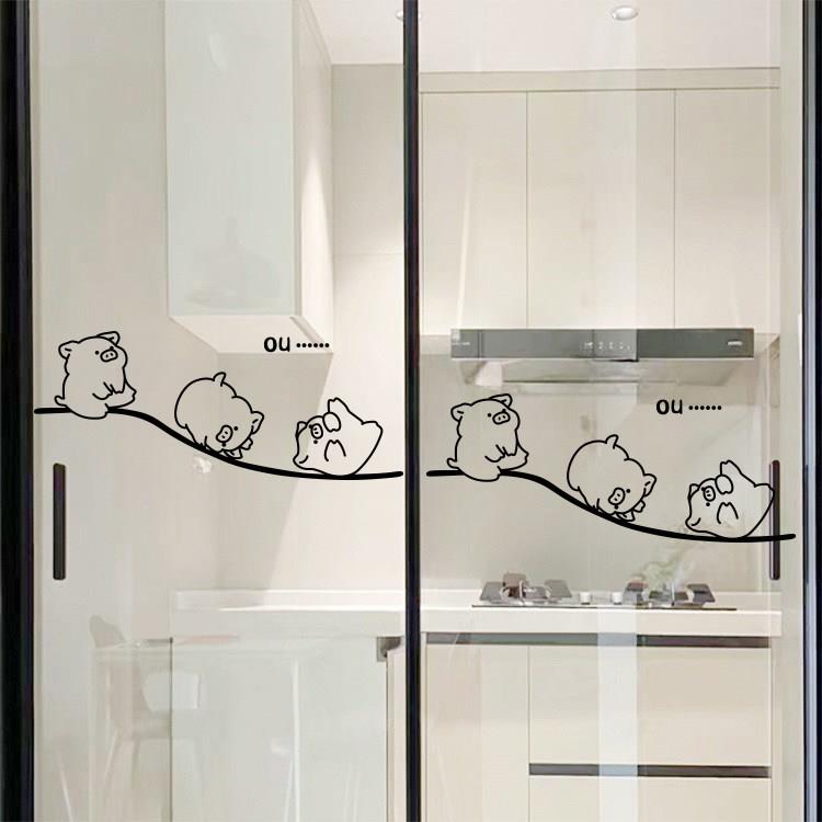 搞怪小猪墙贴 阳台门窗新家厨房玻璃门贴 防撞卡通柜子门装饰贴纸