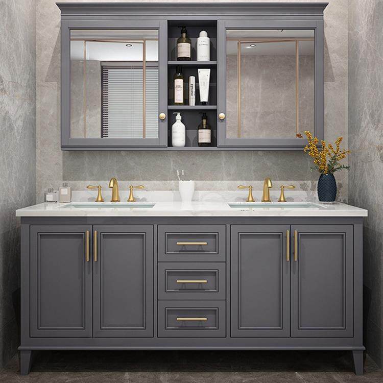 轻奢岩板风水镜浴室柜组合橡木落地式美式简约双台盆高档级洗手台