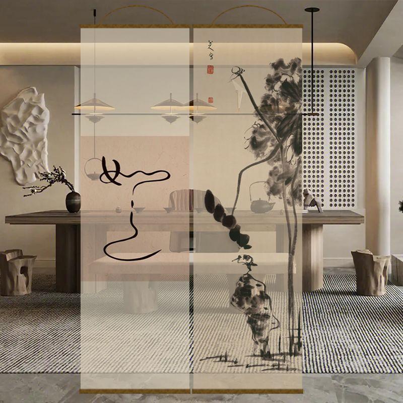 中式古风水墨竹名画双面透景屏风半透纱挂隔断窗卷帘怀旧特价现货